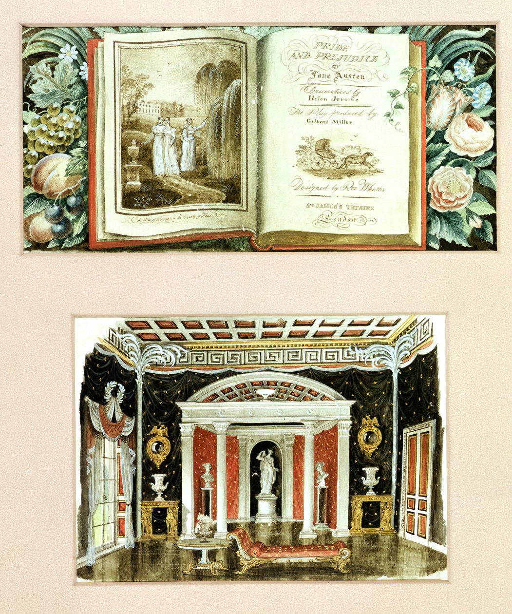 Designs para Orgulho e Preconceito produzidos no St. James&39;s Theatre, em fevereiro de 1936 (caneta, tinta e wc) de Rex Whistler