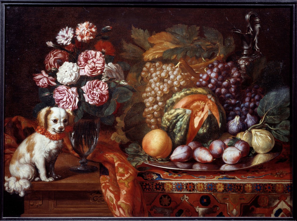 Natureza morta com spaniel anão. Pintura de Renaud Levieux disse Reynaud Le Vieux (c.1625-1690) de Reynaud Levieux