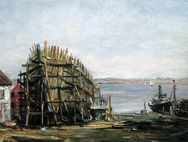 Estaleiro Noank, c.1900 (óleo a bordo) de Reynolds Beal