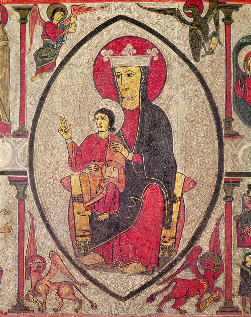 Madonna and Child, painel central do Altar Frontal da Igreja de Santa Maria de Cardet, Vall de Boi, Espanha, 1150-1200 (têmpera no painel) (detalhe de 498164) de Ribagorça Workshop Johannes Pintor