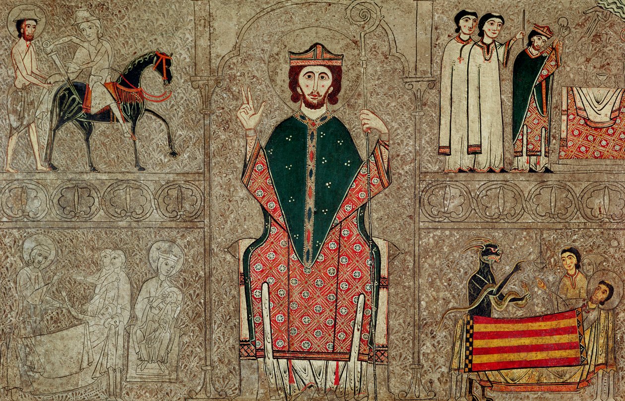 Altar frontal da Igreja de Saint Martin, Chia, Espanha, representando Saint Martin de Tours e quatro cenas de sua vida, 1150-1200 (tempera no painel) de Ribagorça Workshop Johannes Pintor