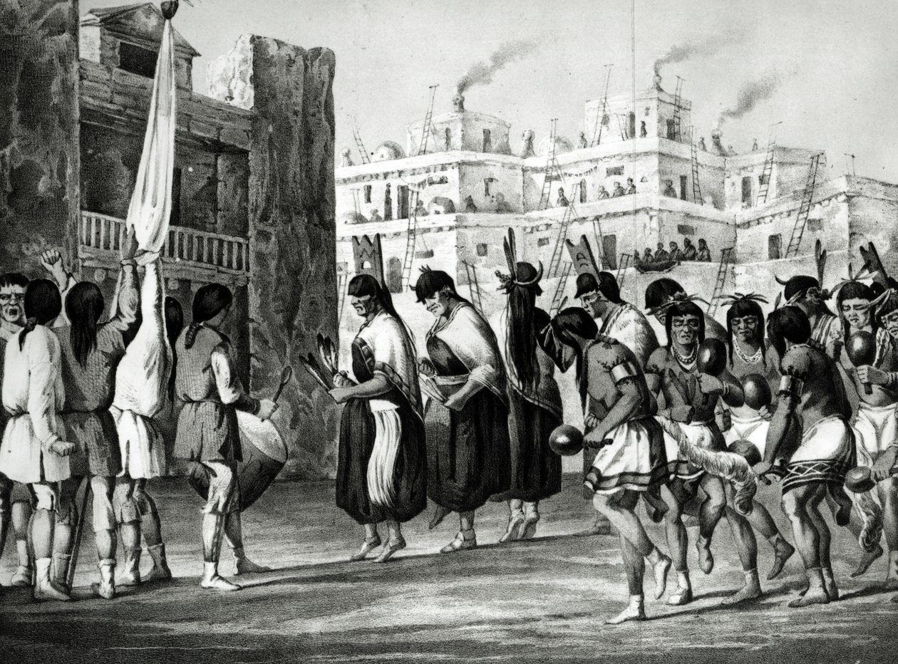 Dança do búfalo em Pueblo de Zuni, Novo México, do "relatório de uma expedição para baixo os rios de Zuni e de Colorado" por Sitgreave, bar. por Ackermann de Ricard Hovenden Kern