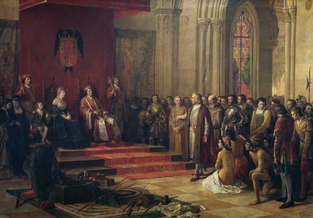 Cristóvão Colombo recebido pelos reis católicos em Barcelona no seu regresso da sua primeira viagem às Américas, pintura de 1874 de Ricardo Balaca (1844-1880), óleo sobre tela de Ricardo Balaca y Canseco