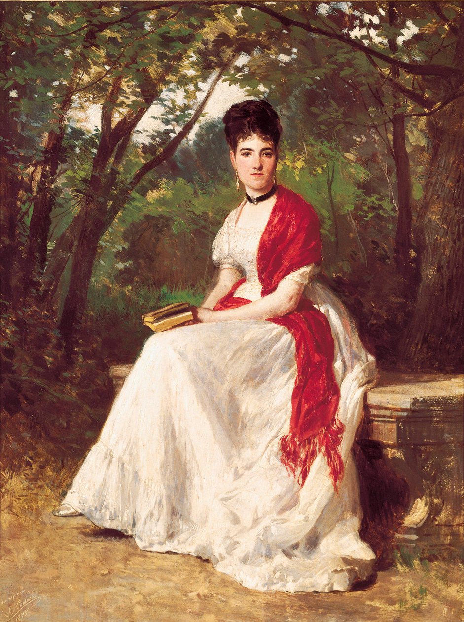 Retrato de Teresa Vergara, esposa da pintora, sentada num jardim. Pintura de Ricardo Balaca y Orejas-canseco (1844-1880). 1875. Madrid. Fundação Lazaro Galdiano. de Ricardo Balaca y Canseco