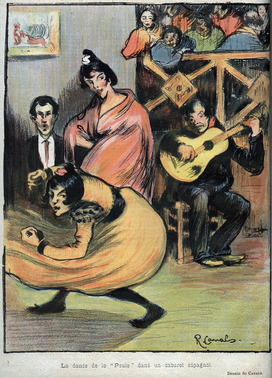 A dança da galinha num cabaré espanhol - desenho de R. Canals em Le Rire de 1898 - de Ricardo Canals y Llambi