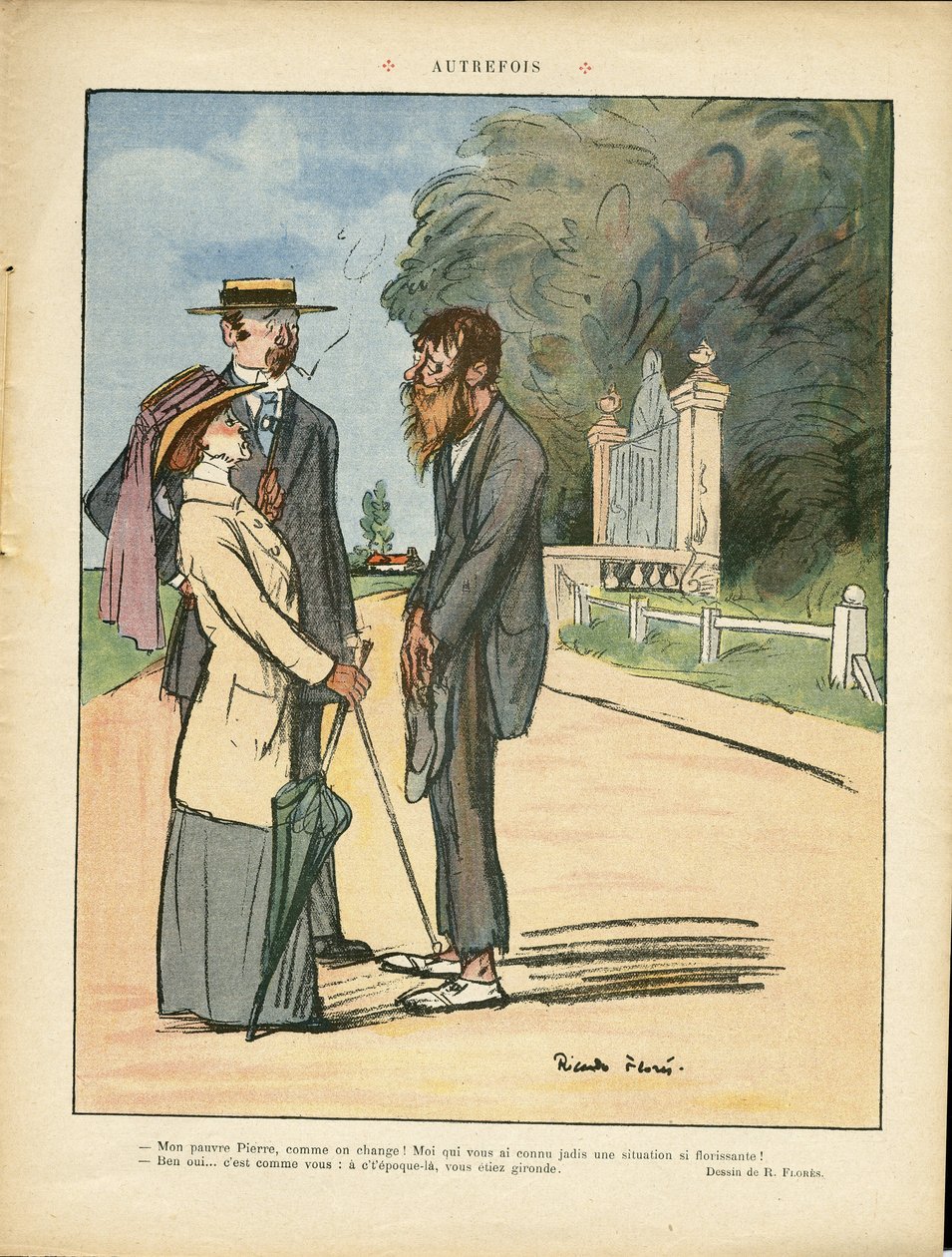 Ilustração de Ricardo Flores (1878-1918) em Le Lire, 01/06/12 - Antigamente - Campo, Arquitectura Urbana, Misere, Vida dos ricos, Árvore - Mulheres de Ricardo Flores