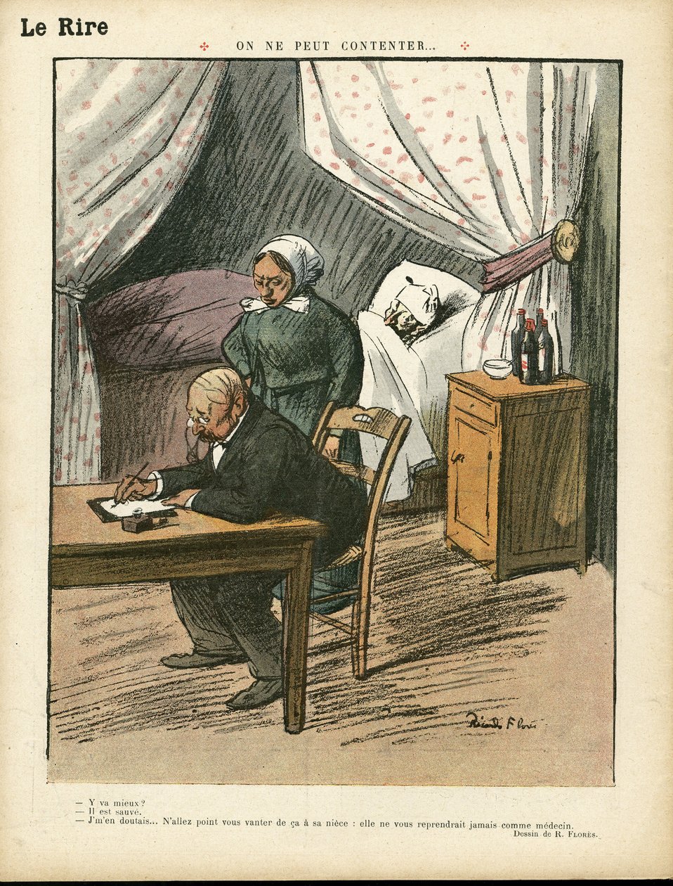 Ilustração de Ricardo Flores (1878-1918) em Le Lire, 08/02/13 - Não se pode satisfazer - Médico, Arquitetura interieure de Ricardo Flores