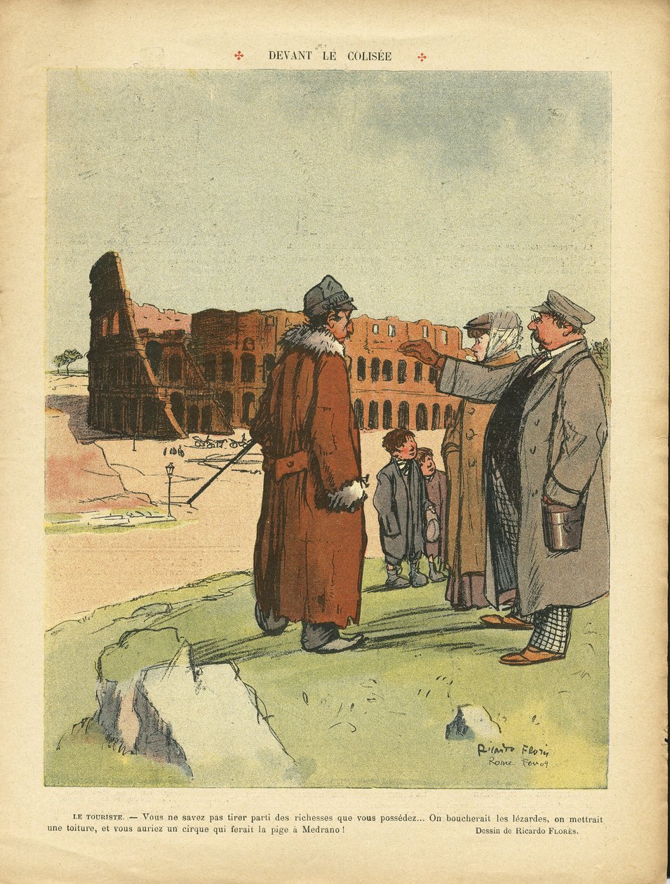 Ilustração de Ricardo Flores (1878-1918) em Le Rire, 03/04/09 - Em frente ao Coliseu - Itália, Turistas de Turismo, Coliseu de Ricardo Flores