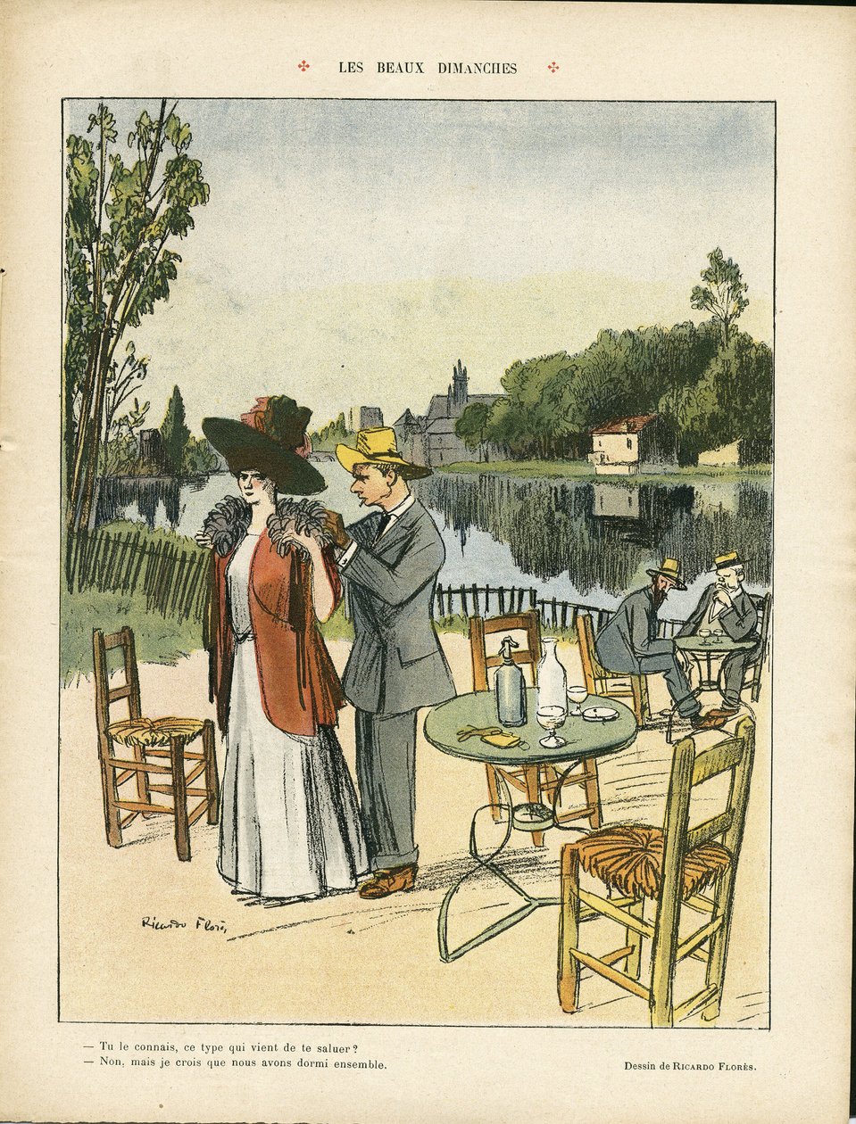 Ilustração de Ricardo Flores (1878-1918) em Le Rire, 04/07/08 - Belos Domingos - Lazer, Vegetação Natural, Urbanismo Arquitetônico, Cafés Restaurantes, Marinha de Mar de Ricardo Flores