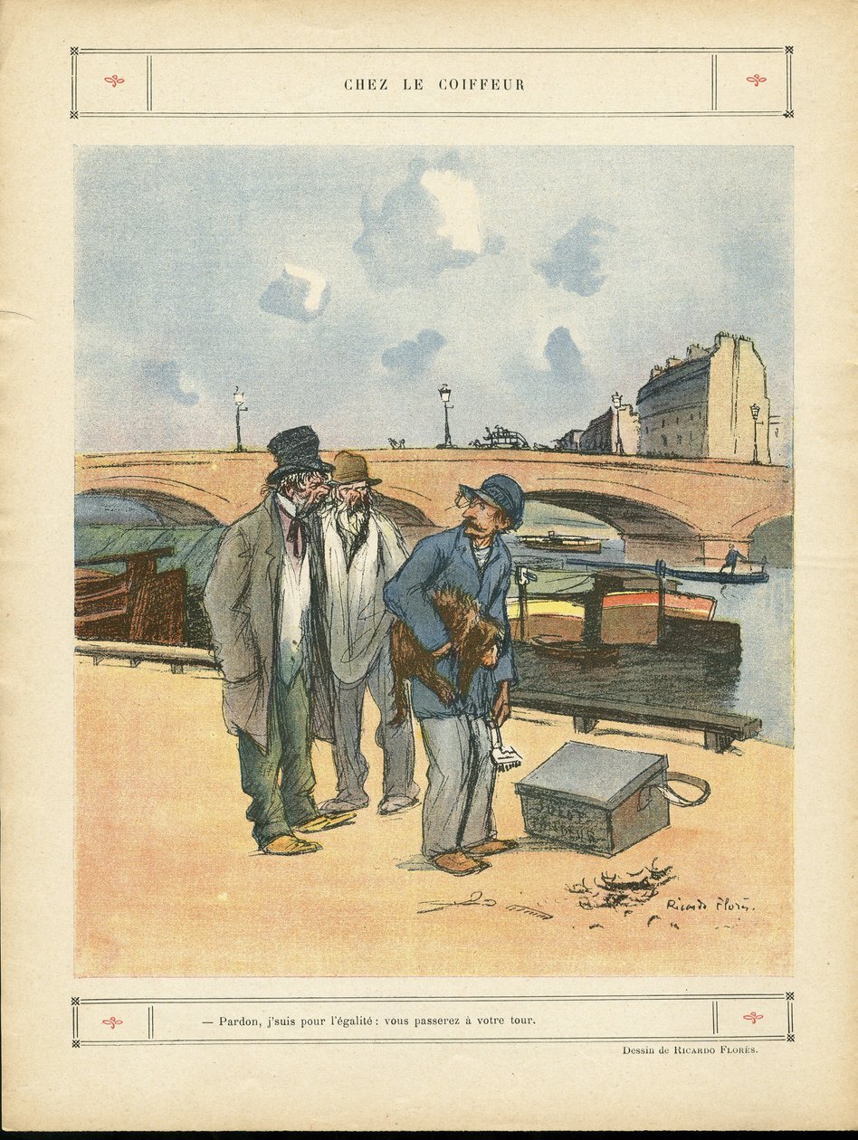 Ilustração de Ricardo Flores (1878-1918) em Le Rire, 05/10/12 - Chez le coiffeur - Paris, Metiers, Architecture Urbanisme, Pont, Riviere Fleuve - Cão, Cabeleireiro de Ricardo Flores