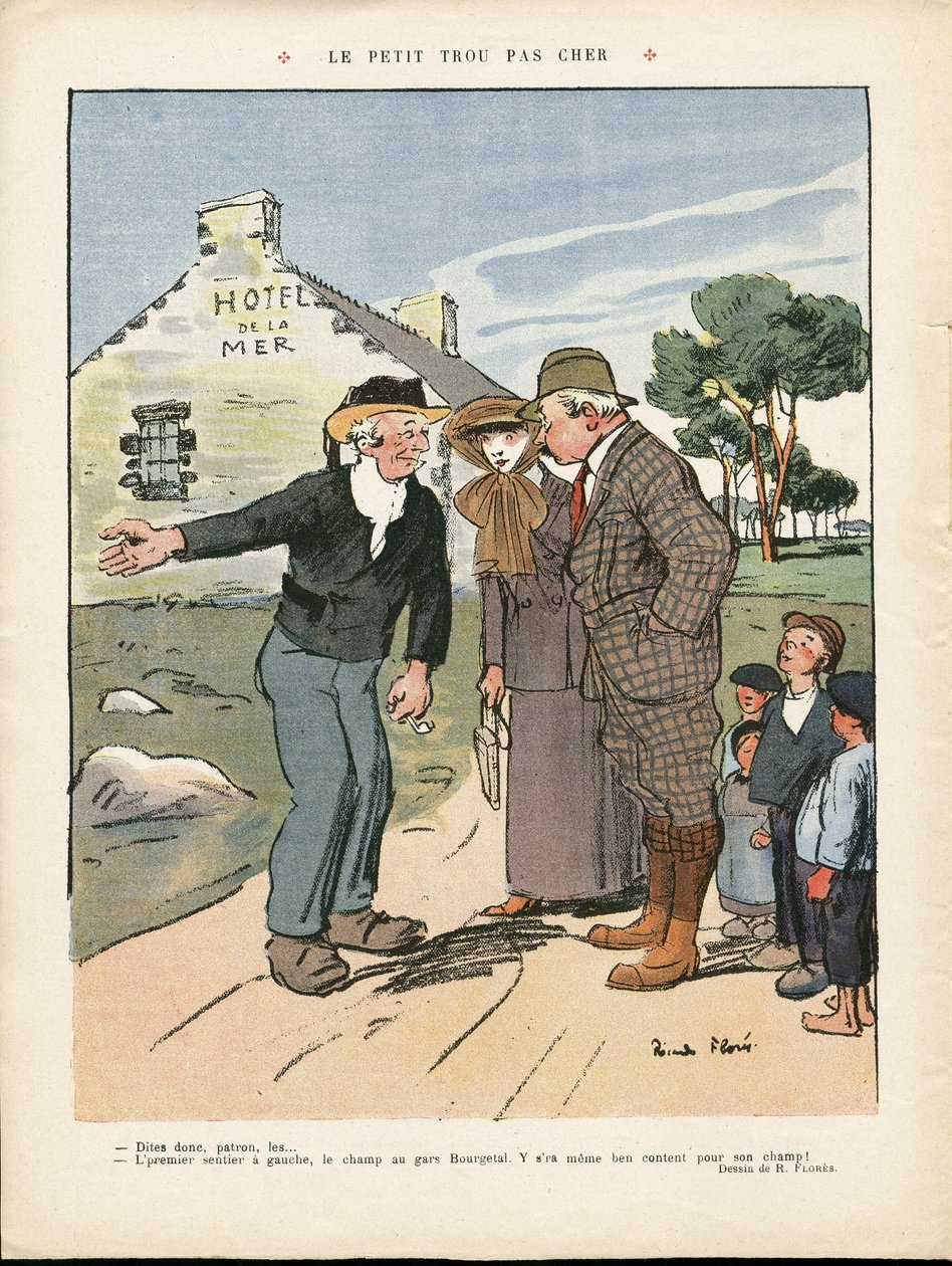 Ilustração de Ricardo Flores (1878-1918) em Le Rire, 20/07/12 - O buraquinho barato - Campo, Moda, Marinha marítima, Moda masculina, Turismo Turístico, Hotel de Ricardo Flores