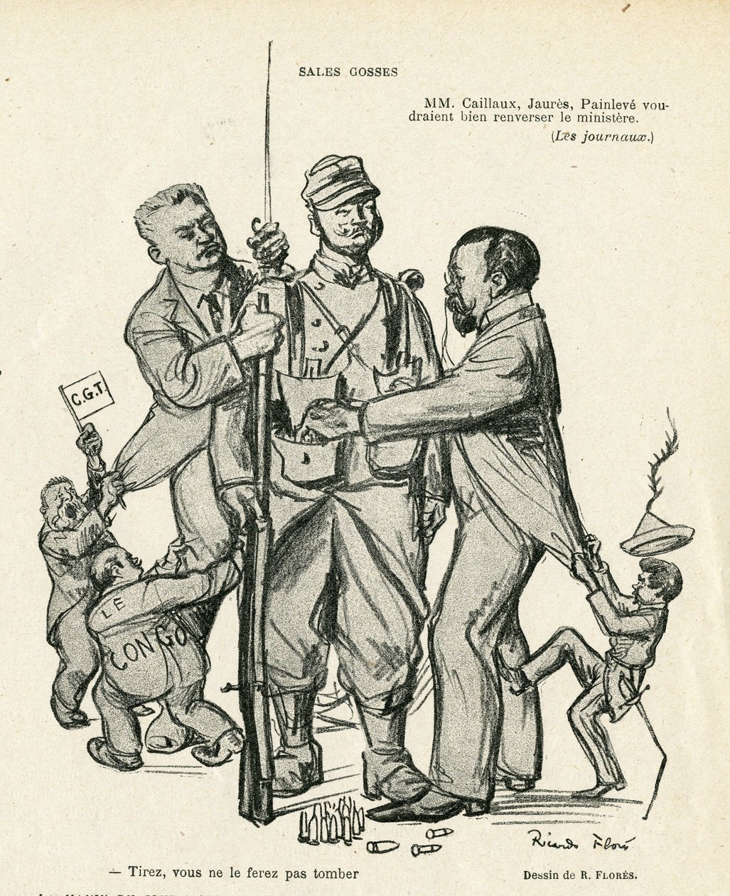 Ilustração de Ricardo Flores (1878-1918) em Le Rire, 21/06/13 - Sales kidses - Army, Military Service, Socialism - Jaures Jean, Caillaux Joseph (1863-1944), Painleve Paul (1863-1933) de Ricardo Flores