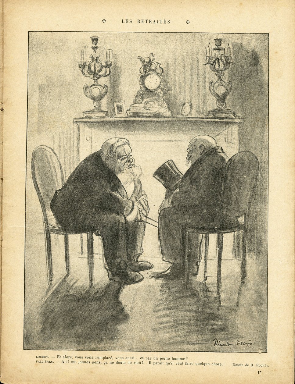 Ilustração de Ricardo Flores (1878-1918) em Le Rire, 22/02/13 - Pensões - Presidente da República - Fallieres Armand (1841-1931), Loubet Emile de Ricardo Flores