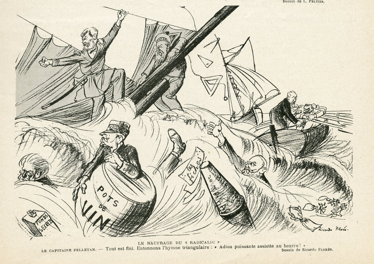 Ilustração de Ricardo Flores (1878-1918) em Le Rire, 25/05/12 - O naufrágio do radicalismo - Radicalismo, Marinha de Guerra, Fumaça, Iates, Tabaco - Combes Emile (1835-1921), Andre Louis (1838-1913), Pelletan Camille (1846-1915) - Parode-gráfico de Ricardo Flores