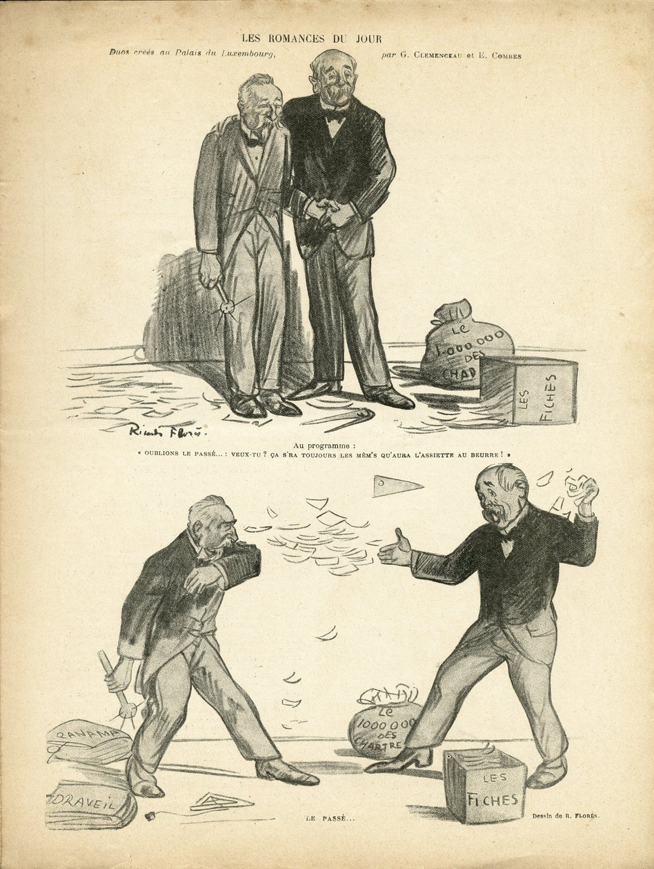 Ilustração de Ricardo Flores (1878-1918) em Le Rire, 28/12/12 - Romance do Dia - Caso do Panamá, Caso dos Recordes, Repressão - Milhão do Chartreux - Combes Emile (1835-1921), Clemenceau George de Ricardo Flores