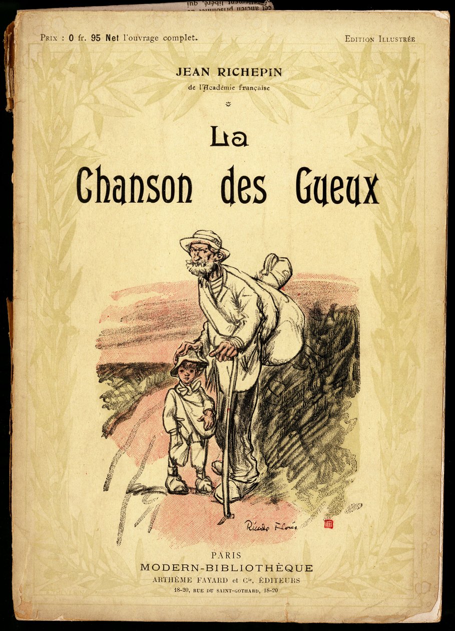 Velho e rapazinho, vestindo nós de viagem e sapatos envoltos em trapos, numa estrada, ilustração de Ricardo Flores (falecido em 1918), para a capa da colecção de textos e poesias intitulada "La chanson des gueux", de Jean Richepin (1849-1926), o francês de Ricardo Flores