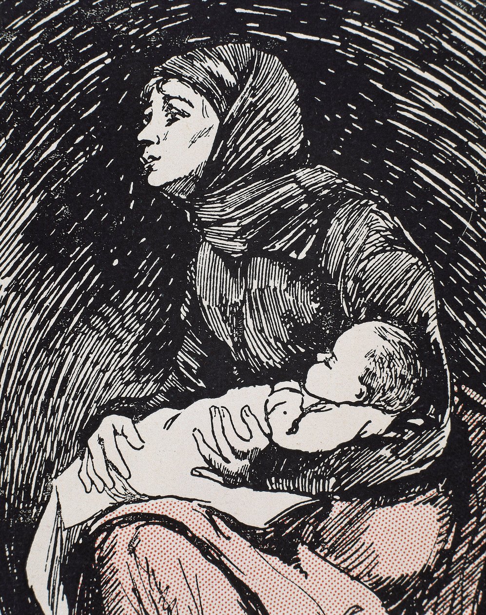 Véspera de Natal. 1900. Uma mulher magra com o seu filho nos braços (gravura) de Ricardo Maria Navarrete