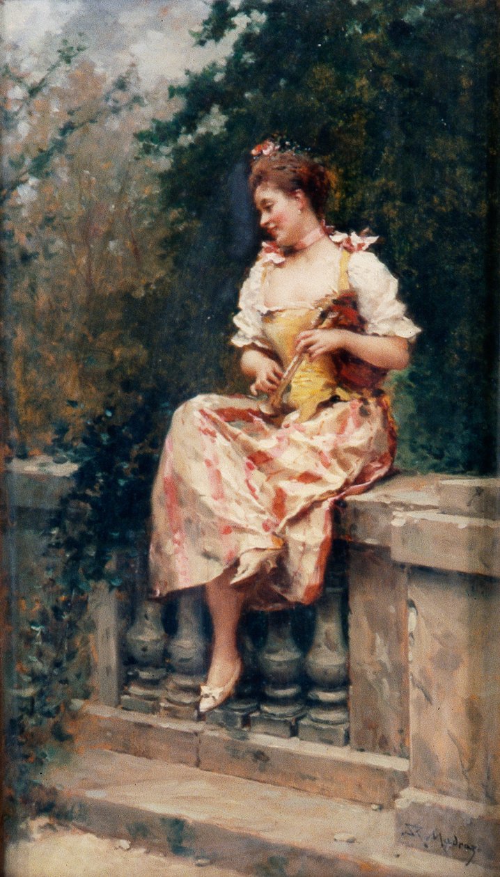 Rapariga com flauta, c.1895 (óleo sobre painel) de Ricardo de Madrazo y Garreta