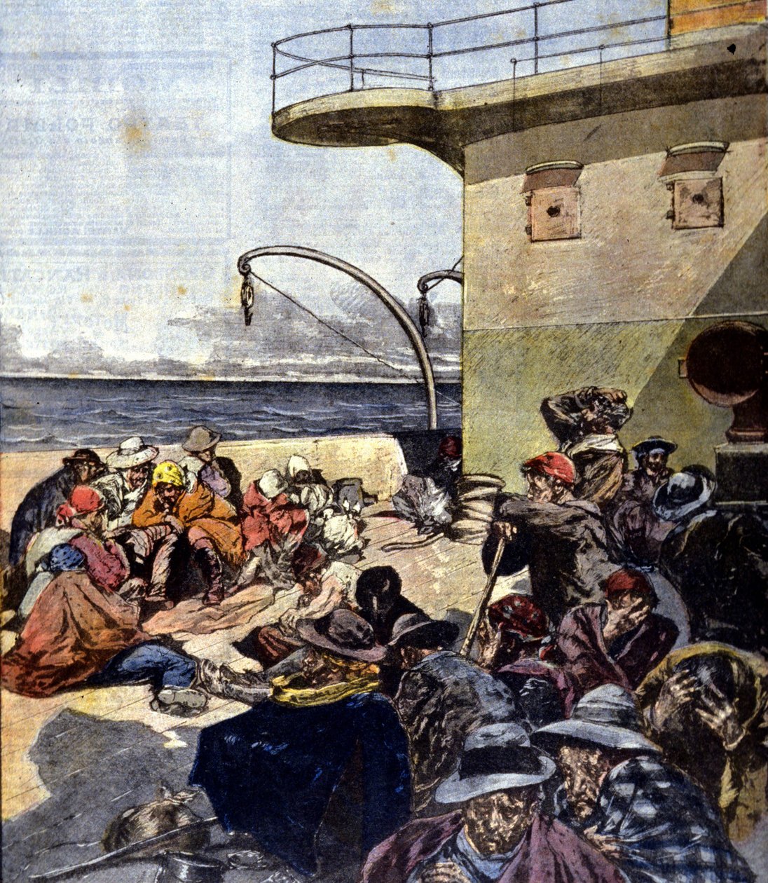 Emigração italiana para o Canadá; a viagem a bordo do Lago Megantic foi feita em condições bastante difíceis. Ill. por R. Pellegrini. La Domenica del corriere. 02/06/1901. de Riccardo Pellegrini