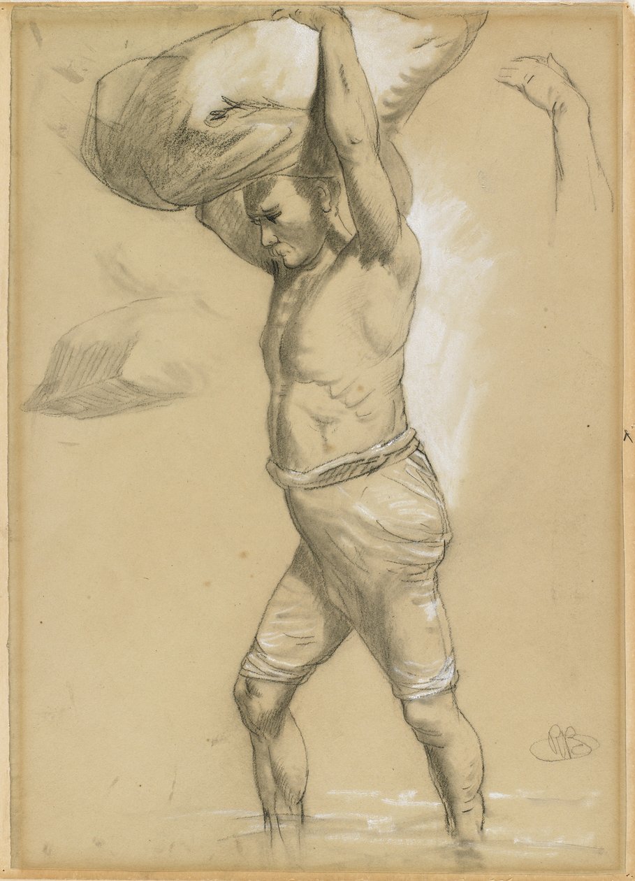 Homem carregando um pacote, 1870s-80s (giz preto ou carvão aumentado com branco) de Richard Beavis
