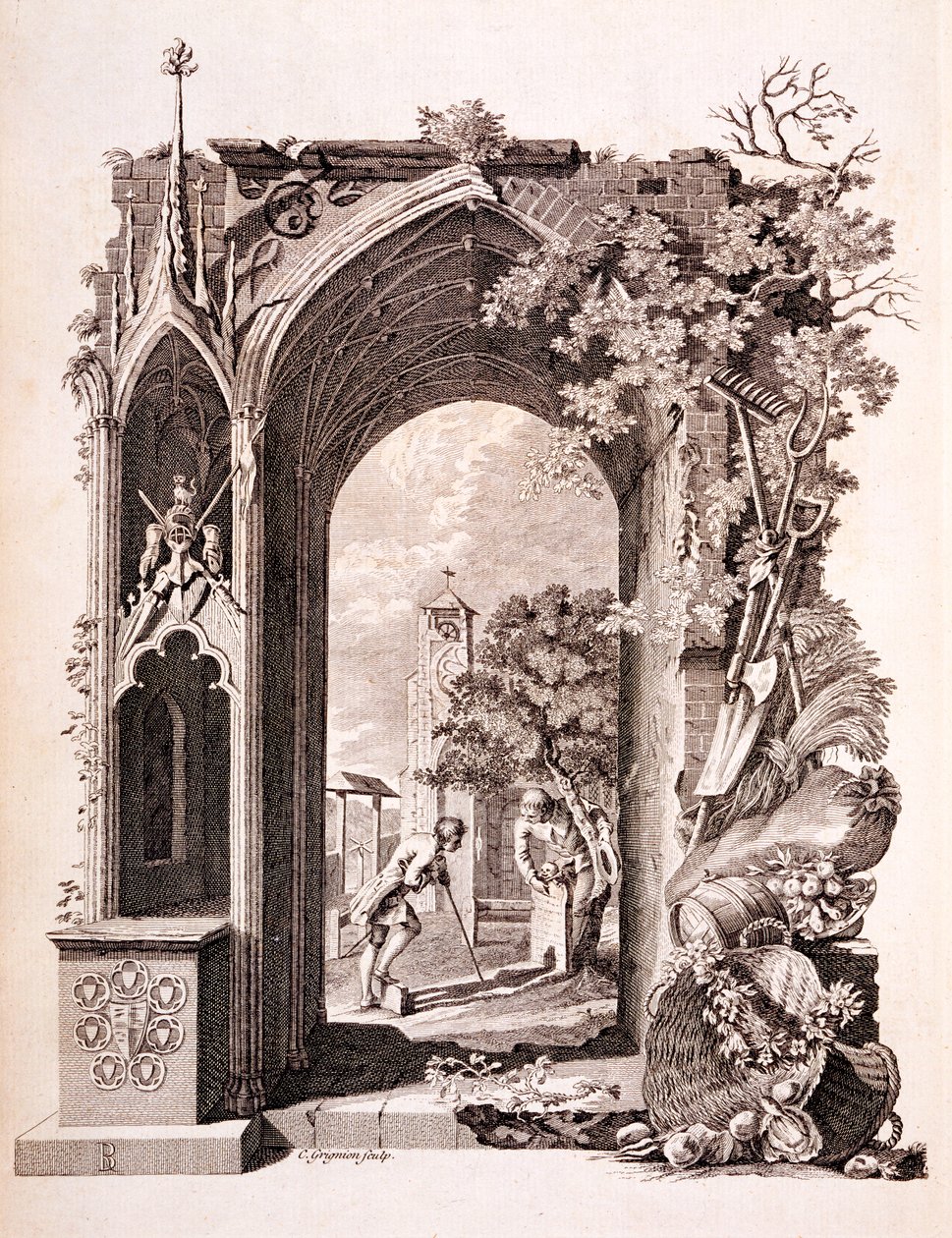 Elegia em um cemitério do país, ilustração de &39;Poemas de Tomas Grey seis&39;, publicado em 1775 de Richard Bentley