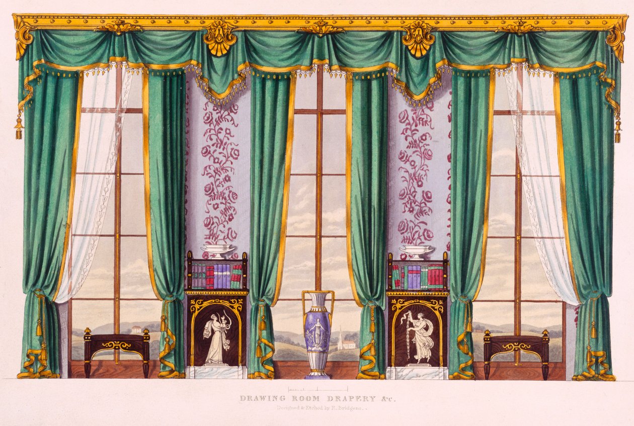 Drapery da sala de visitas (ajuste grego) de &39;Mobília com candelabros e decoração de interiores&39; 1833 por Bridgens, cópia de cor de Richard (fl.1820) de Richard Bridgens