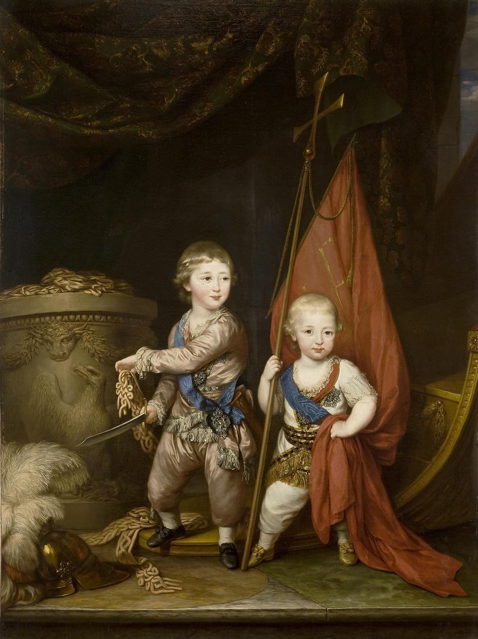 Retrato dos grão-duques Alexander Pavlovich e Constantine Pavlovich, quando crianças, 1781 de Richard Brompton