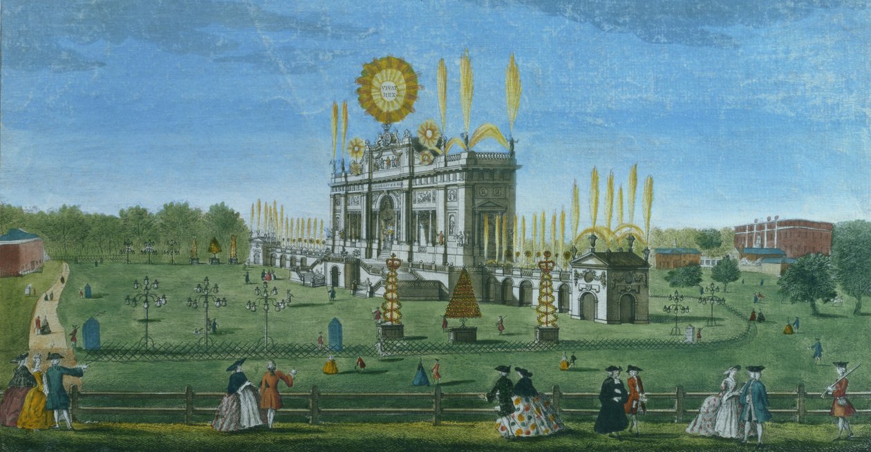 Uma vista em perspectiva do edifício para os fogos de artifício no Green Park, retirado do reservatório, gravado por Paul Angier, 1749 de Richard Brookes
