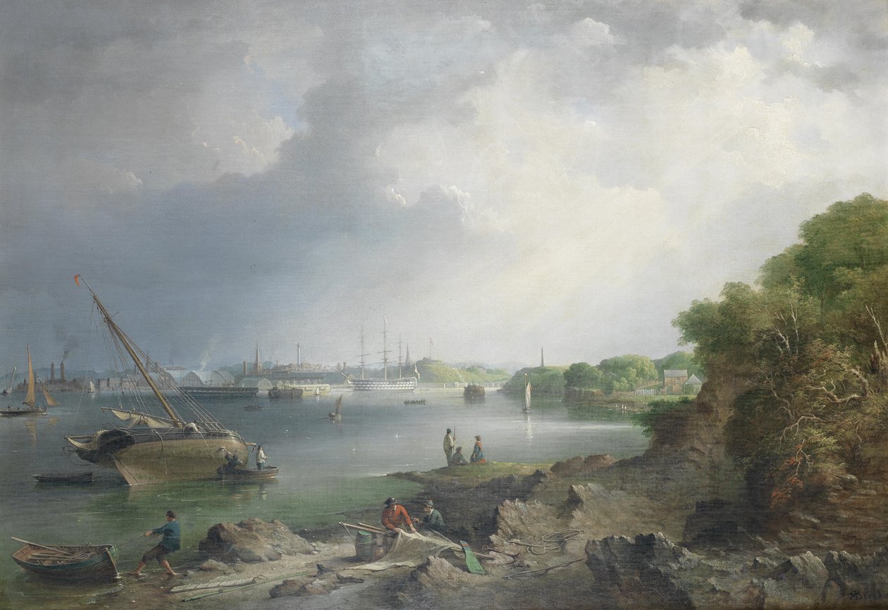 Uma vista do outro lado do Hamoaze em direção aos trilhos cobertos e edifícios do estaleiro naval em Devonport de Richard Brydges Beechey