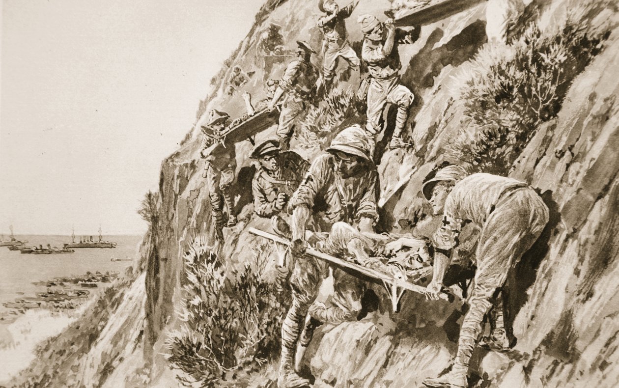 Um feito do RAMC difícil de igualar: trazendo feridos pelo penhasco durante a Batalha na Baía de Suvla em Dardanelos, de &39;The Illustrated War News&39; de Richard Caton Woodville junior
