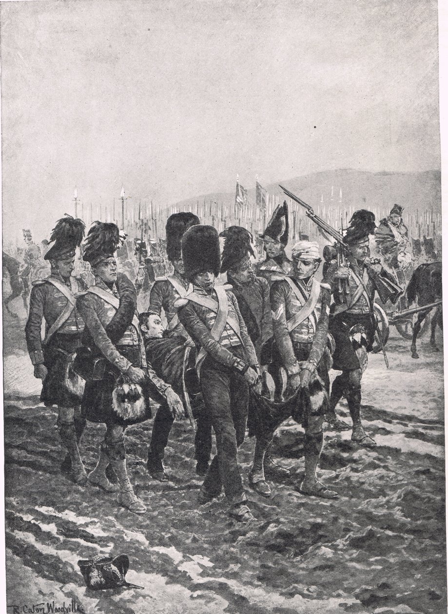 Carregando Sir John Moore do campo de batalha, ilustração de "Batalhas britânicas na terra e no mar", publicado por Cassell, Londres, c.1910 de Richard Caton Woodville junior
