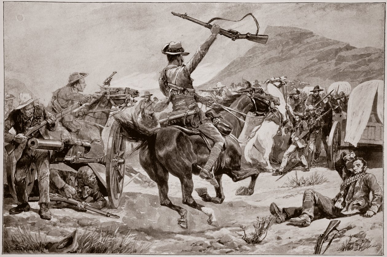 Carga dos bosquímanos e neozelandeses nas armas dos Boer, perto de Klerksdorp, 24 de março de 1901 de Richard Caton Woodville junior