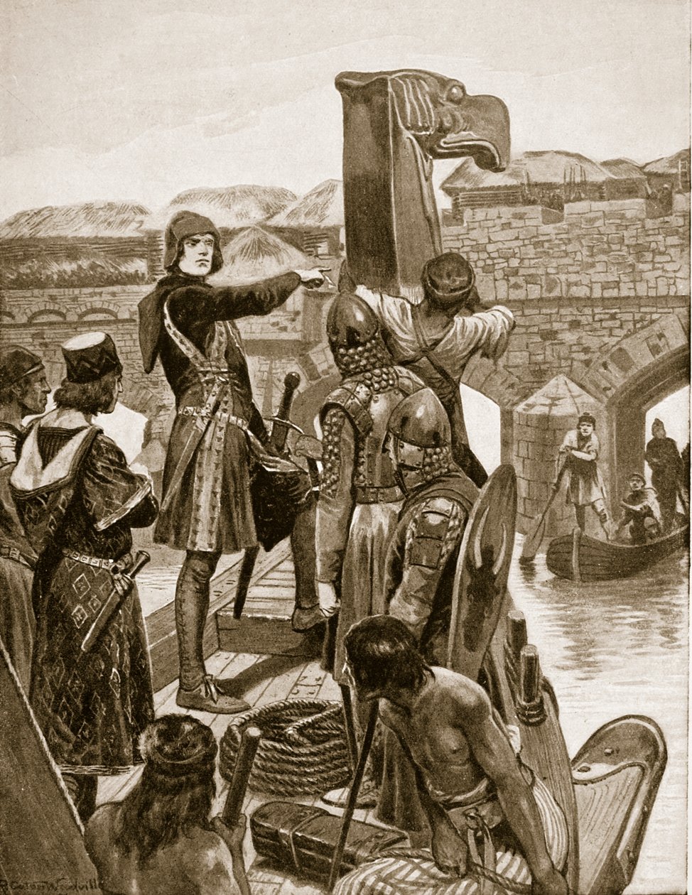 Earl Godwin navega sob a Ponte de Londres em 1052, para se juntar a seu filho Harold com 9 navios da Irlanda, ilustração da "Hutchinson&39;s Story ofthe British Nation", c.1923 de Richard Caton Woodville junior