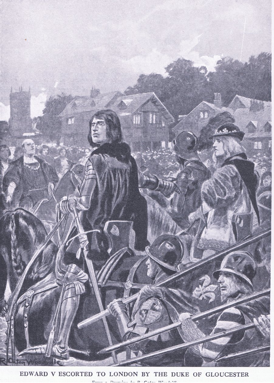 Edward V escoltado para Londres pelo Duque de Gloucester, da Cassells História do Povo Britânico publicado pela Waverley Book Company Limited, c.1940 de Richard Caton Woodville junior