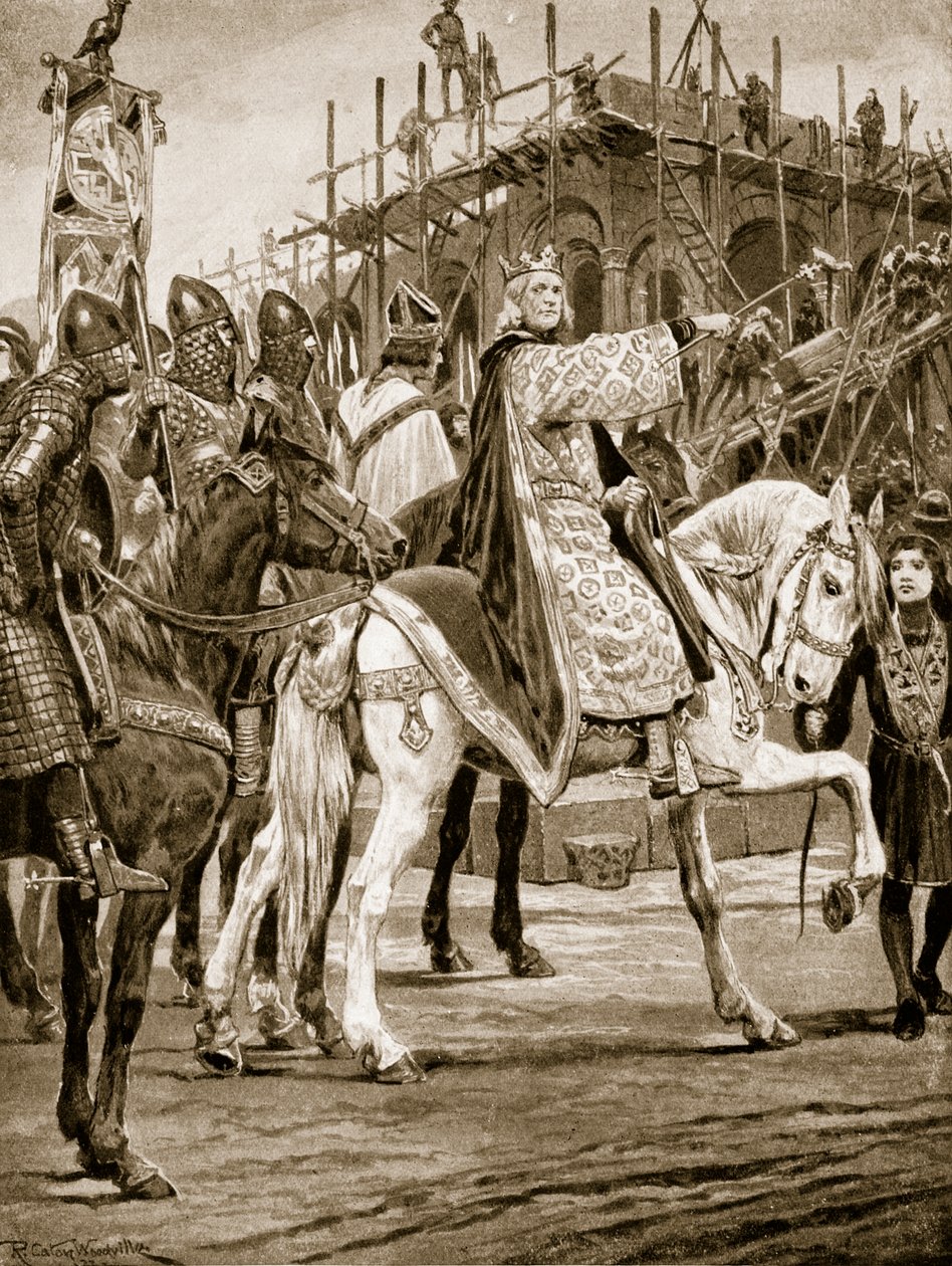 Eduardo, o Confessor, observando o edifício da Abadia de Westminster, a primeira igreja normanda erguida na Inglaterra, ilustração da "História da Nação Britânica" de Hutchinson, c.1923 de Richard Caton Woodville junior