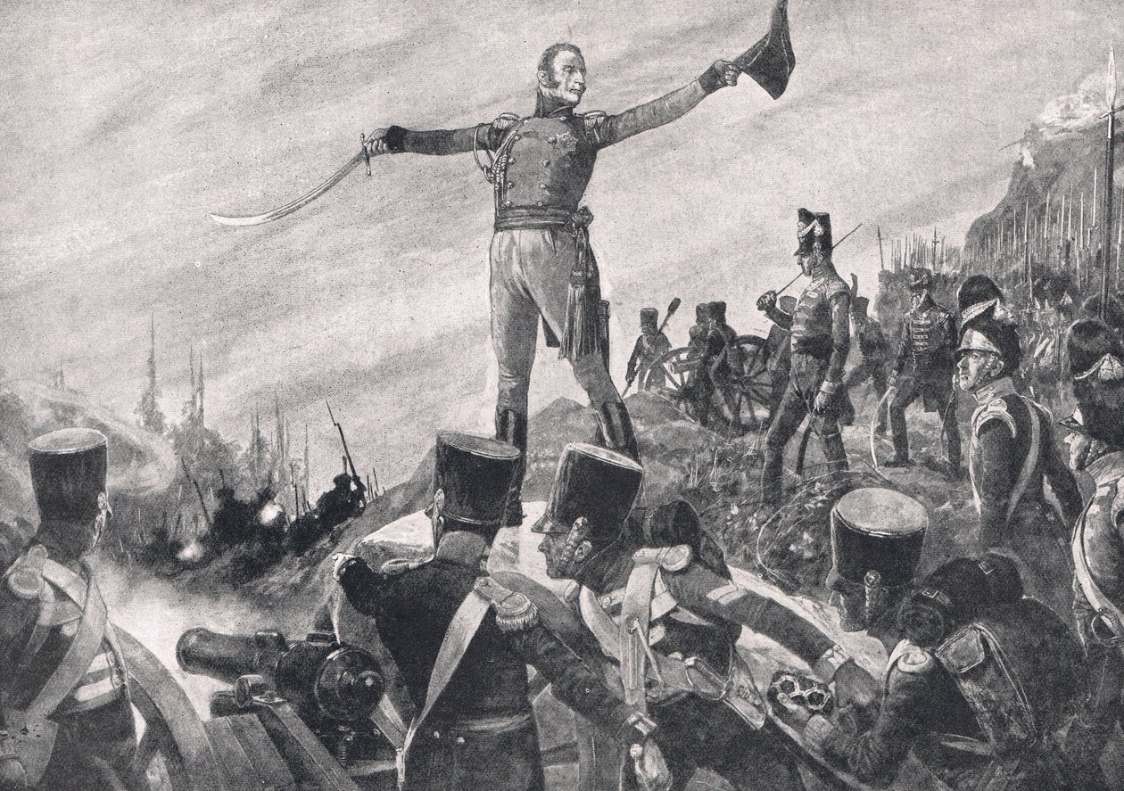 General Crawford dando a palavra de ordem para os 43º e 52º Regimentos para avançar, ilustração da "Batalha Britânica na Terra e no Mar", publicada por Cassell, Londres, c.1910 de Richard Caton Woodville junior