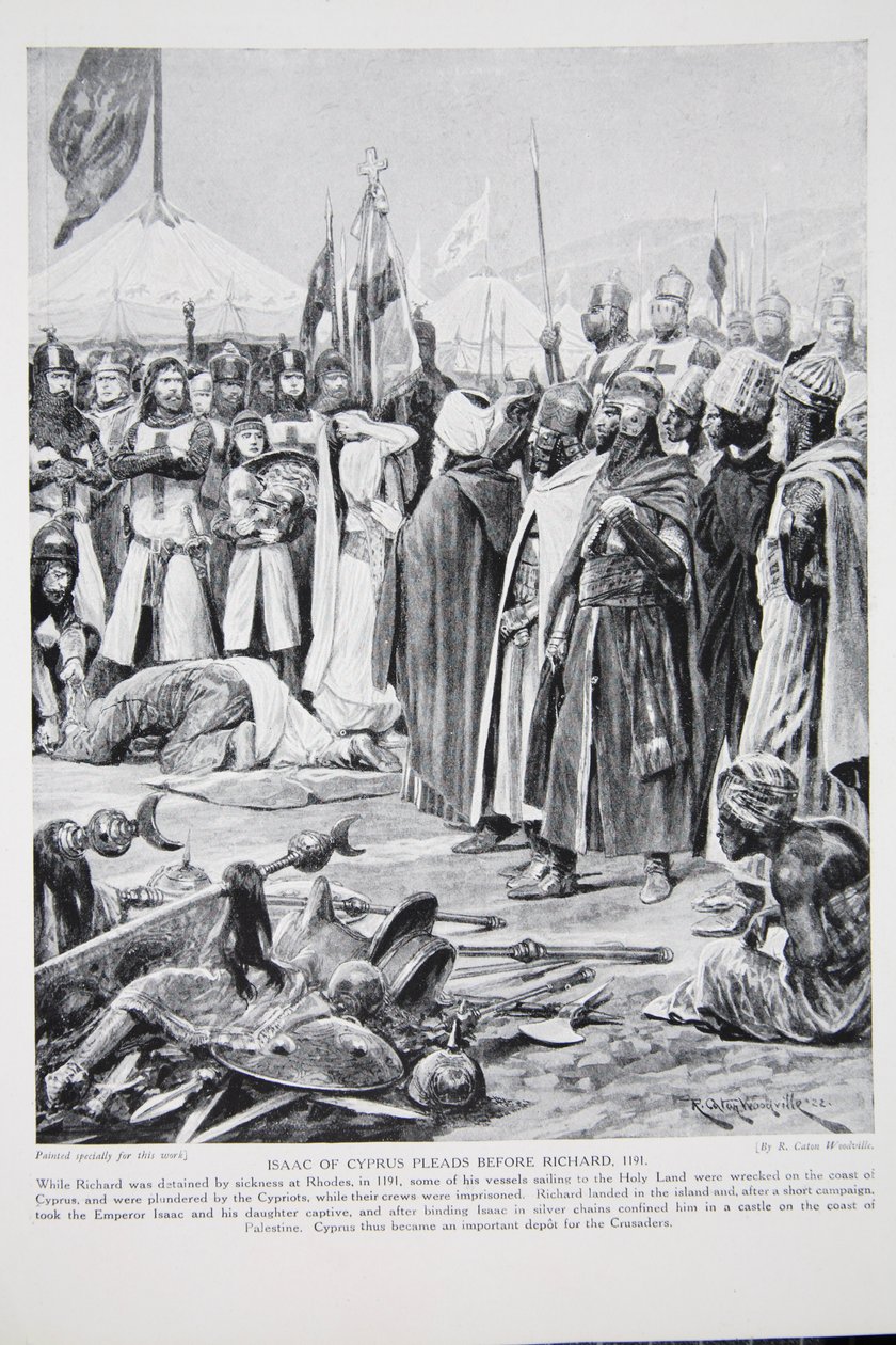 Isaac de Chipre defende antes de Richard, 1191, ilustração de "A História da Nação Britânica" de Hutchinson, c.1923 de Richard Caton Woodville junior
