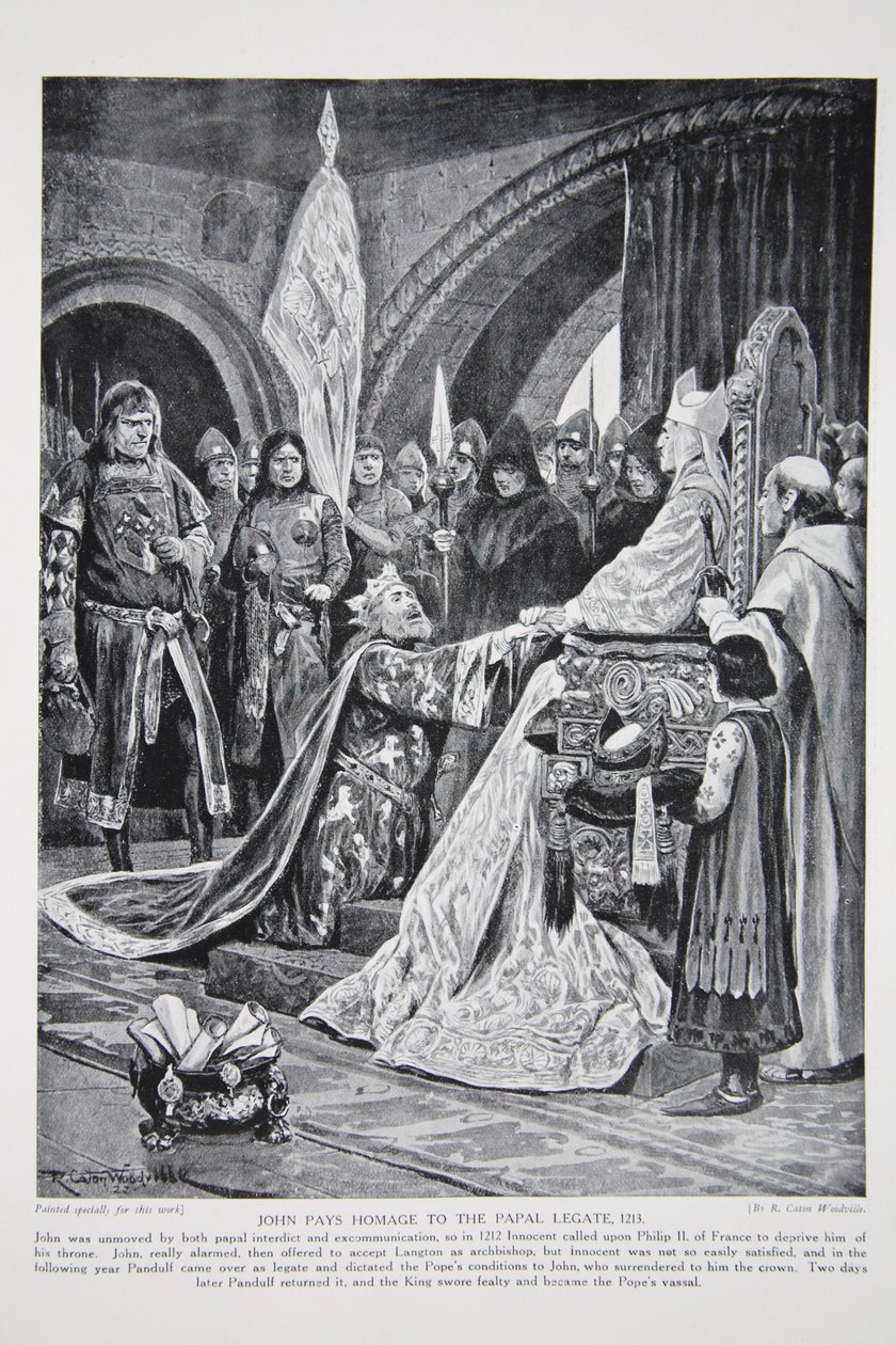 João presta homenagem ao legado papal, 1213, ilustração da "História da nação britânica" de Hutchinson, c.1923 de Richard Caton Woodville junior