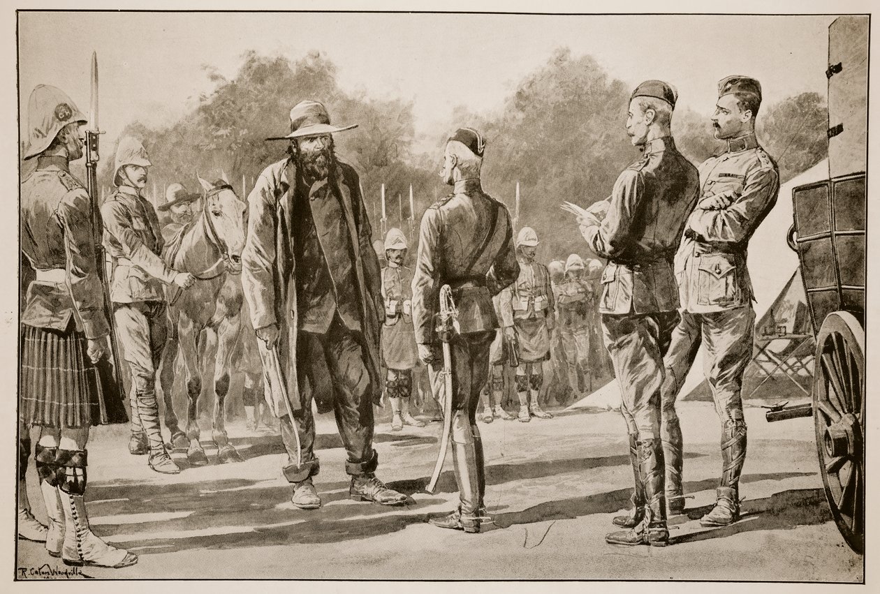 Majuba Day: O fazendeiro general Piet Cronje se rende a Lord Roberts em Paardeberg em 27 de fevereiro de 1900, a partir de um esboço de Frederic Villers (1851-1922) de Richard Caton Woodville junior