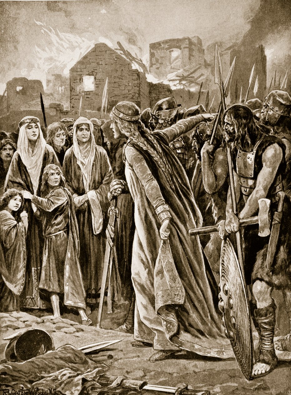 Presos antes de Ethelfled após a tomada de Brecon, ilustração de "Hutchinson da História da Nação Britânica", c.1923 de Richard Caton Woodville junior