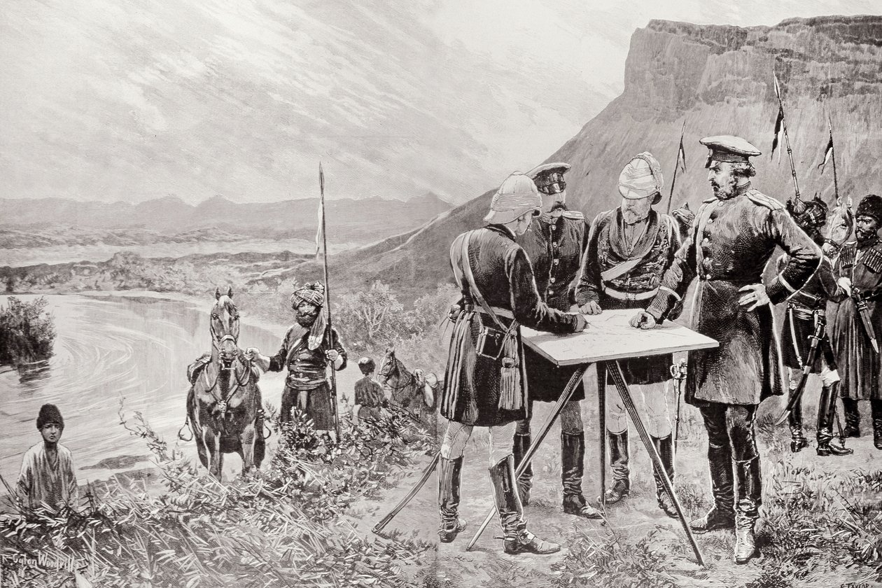 A Comissão de Fronteira Afegã: Os comissários russo e britânico em Zulfikar, que fixam o local do primeiro posto fronteiriço, em 12 de novembro, gravado por R. Taylor, do &39;The Illustrated London News&39;, de Richard Caton Woodville junior