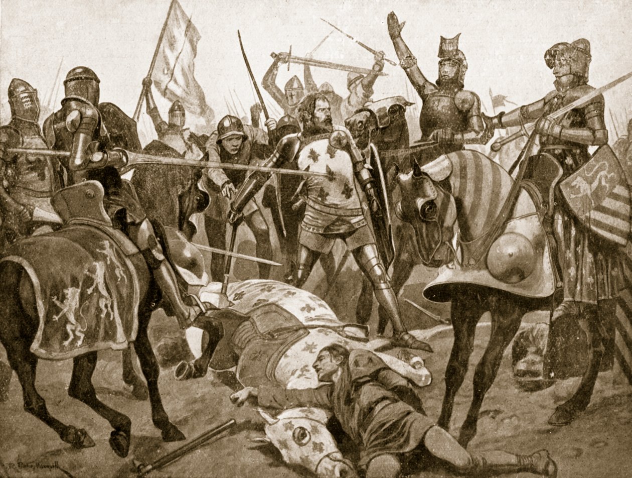 A Batalha de Poitiers, 19 de setembro de 1356, ilustração da "Hutchinson&39;s Story ofthe British Nation", c.1920 de Richard Caton Woodville junior