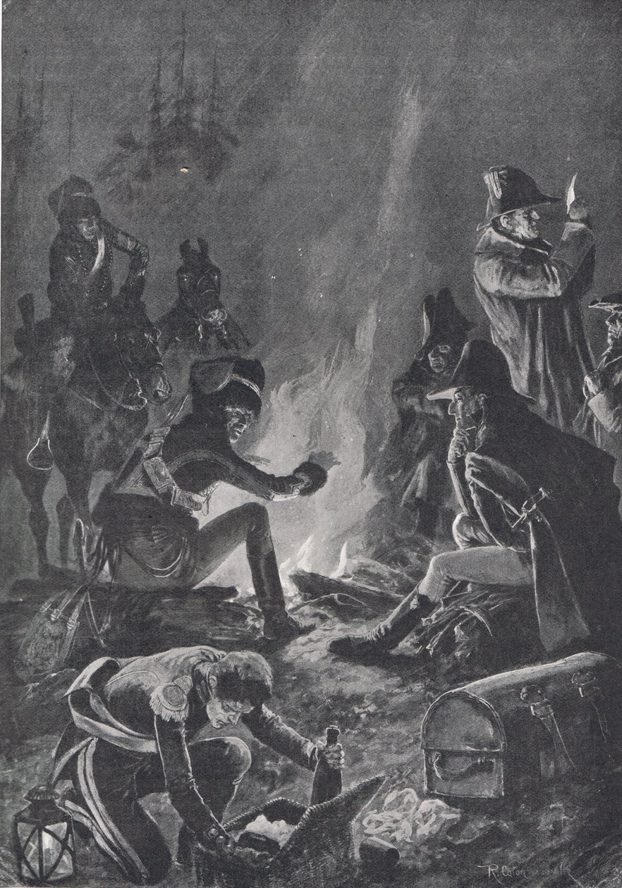 O Bivouac antes da Batalha do Bussaco, ilustração de "Batalhas Britânicas na Terra e no Mar", publicada por Cassell, Londres, c.1910 de Richard Caton Woodville junior