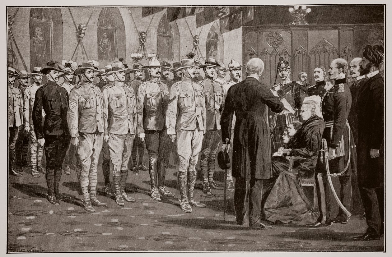 A inspeção dos soldados coloniais no Castelo de Windsor pela Rainha Vitória, 16 de novembro de 1900 de Richard Caton Woodville junior