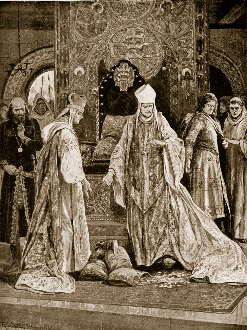 O legado papal atropela o tributo de João, ilustração da "História da nação britânica" de Hutchinson, c.1920 de Richard Caton Woodville junior