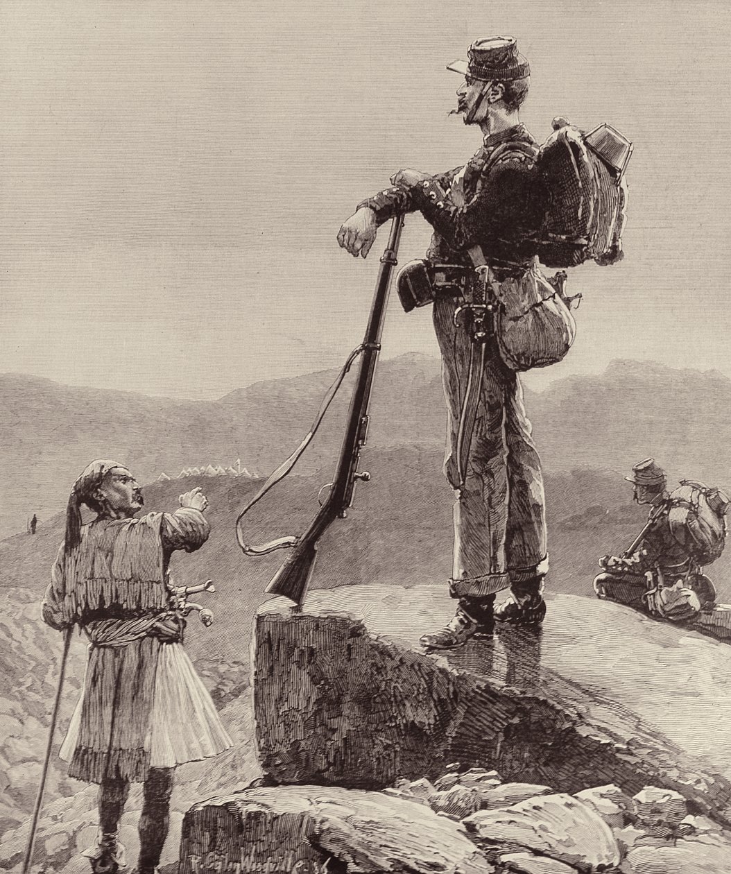 Na Vigia: Soldados de Infantaria do Exército Grego, de The Illustrated London News, 4 de outubro de 1886 de Richard Caton II Woodville