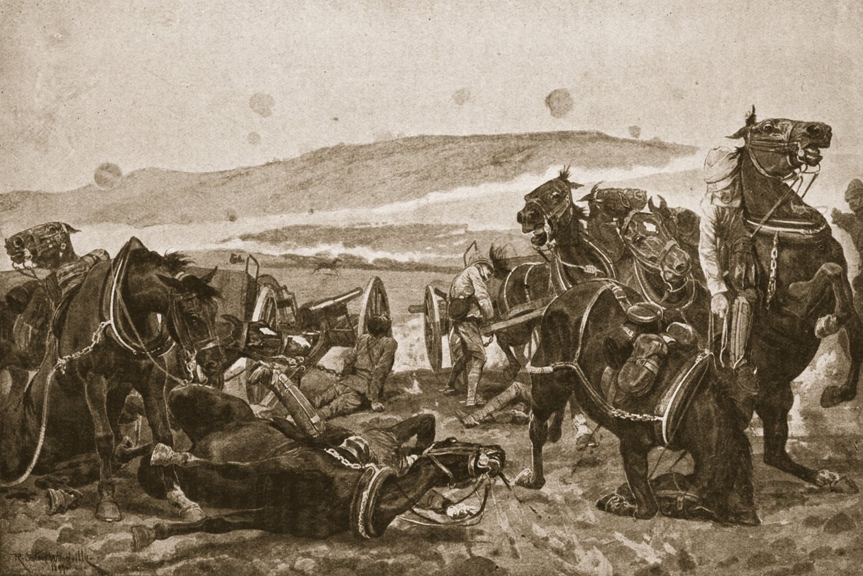 A Batalha de Colenso: a perda de nossas armas, ilustração de "Battles of the 19th Century", vol. VI: A Guerra dos Bôeres de 1899-1900 &39;por Archibald Forbes, GA Henty e Major Arthur Griffiths (lito de Richard Caton Woodville