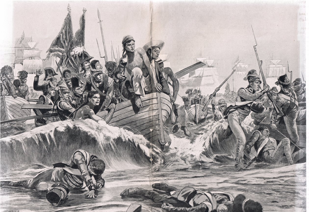 O desembarque das tropas britânicas na baía de Aboukir, ilustração de "Batalhas britânicas na terra e no mar", publicado por Cassell, Londres, c.1910 de Richard Caton Woodville