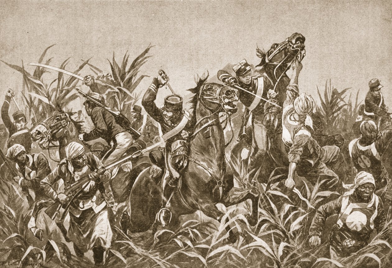 A luta em torno de Tientsin: Carga da Cavalaria Japonesa, ilustração de &39;Batalhas do Século XIX: vol. VII, A Guerra Chinesa de 1900-1901 &39;por Archibald Forbes, GA Henty e Major Art de Richard Caton Woodville
