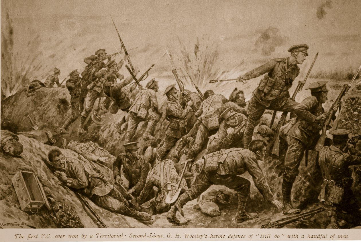 O primeiro CV venceu por uma defesa heróica de Territorial: Second Lieutenant GH Woolley de &39;Hill 60&39; com um punhado de homens, 1914-19 de Richard Caton Woodville
